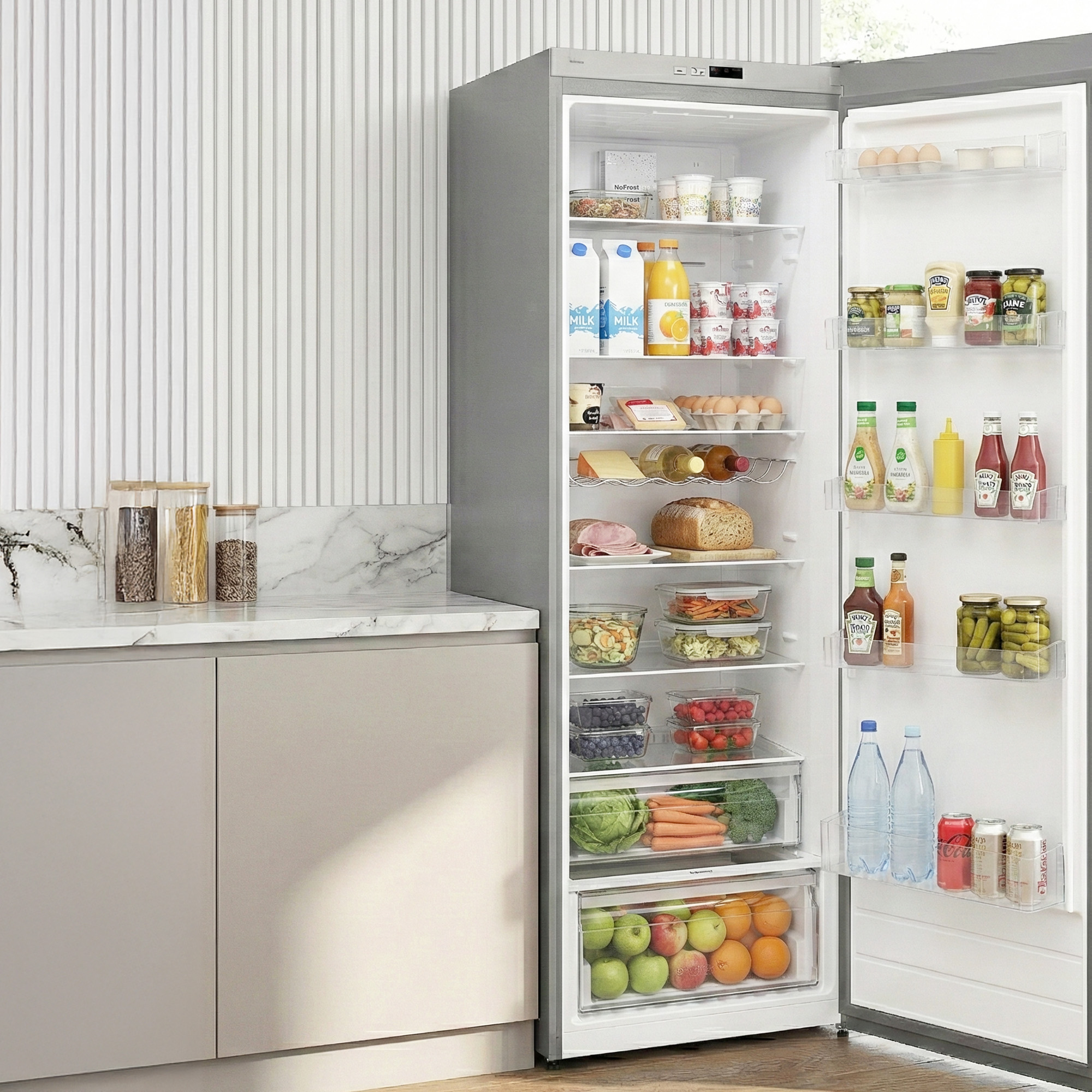 Open koelkast gevuld met voedsel: melk, sap, eieren, groenten, fruit, brood, vlees, sauzen, water, blikjes.