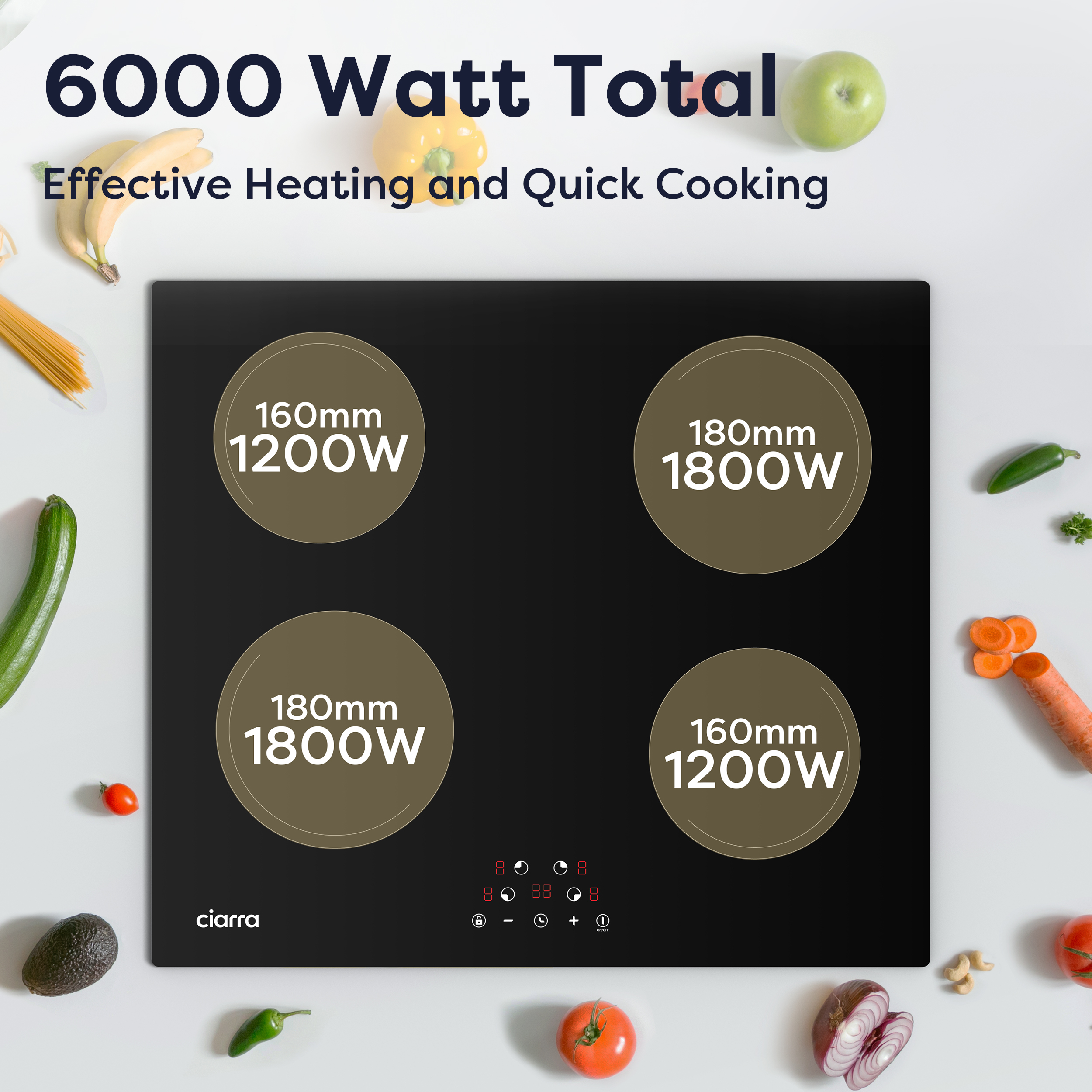 Une plaque à induction noire avec quatre zones de cuisson, entourée de fruits et légumes.