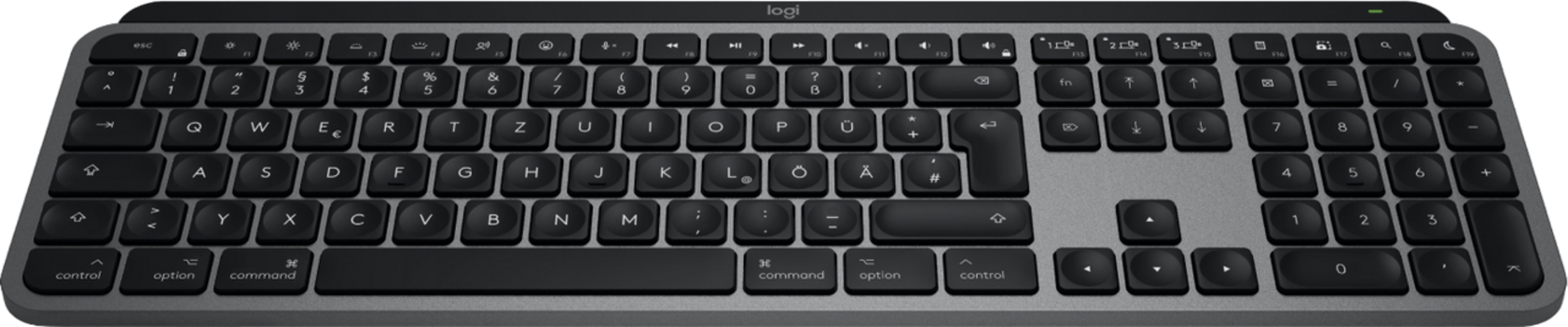 Szara klawiatura Logitech z czarnymi klawiszami i etykietami.