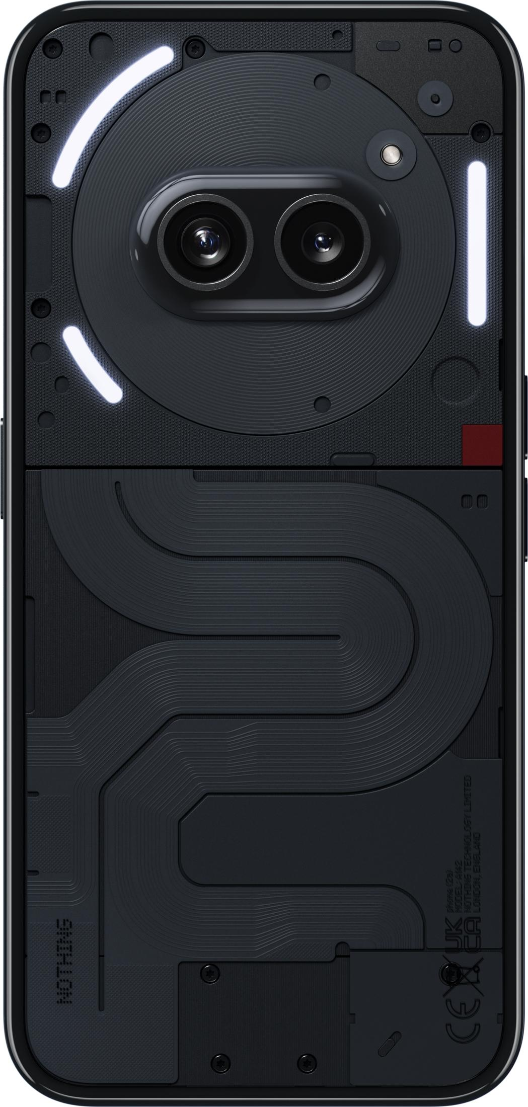 Parte trasera de un smartphone negro con dos cámaras y luces.
