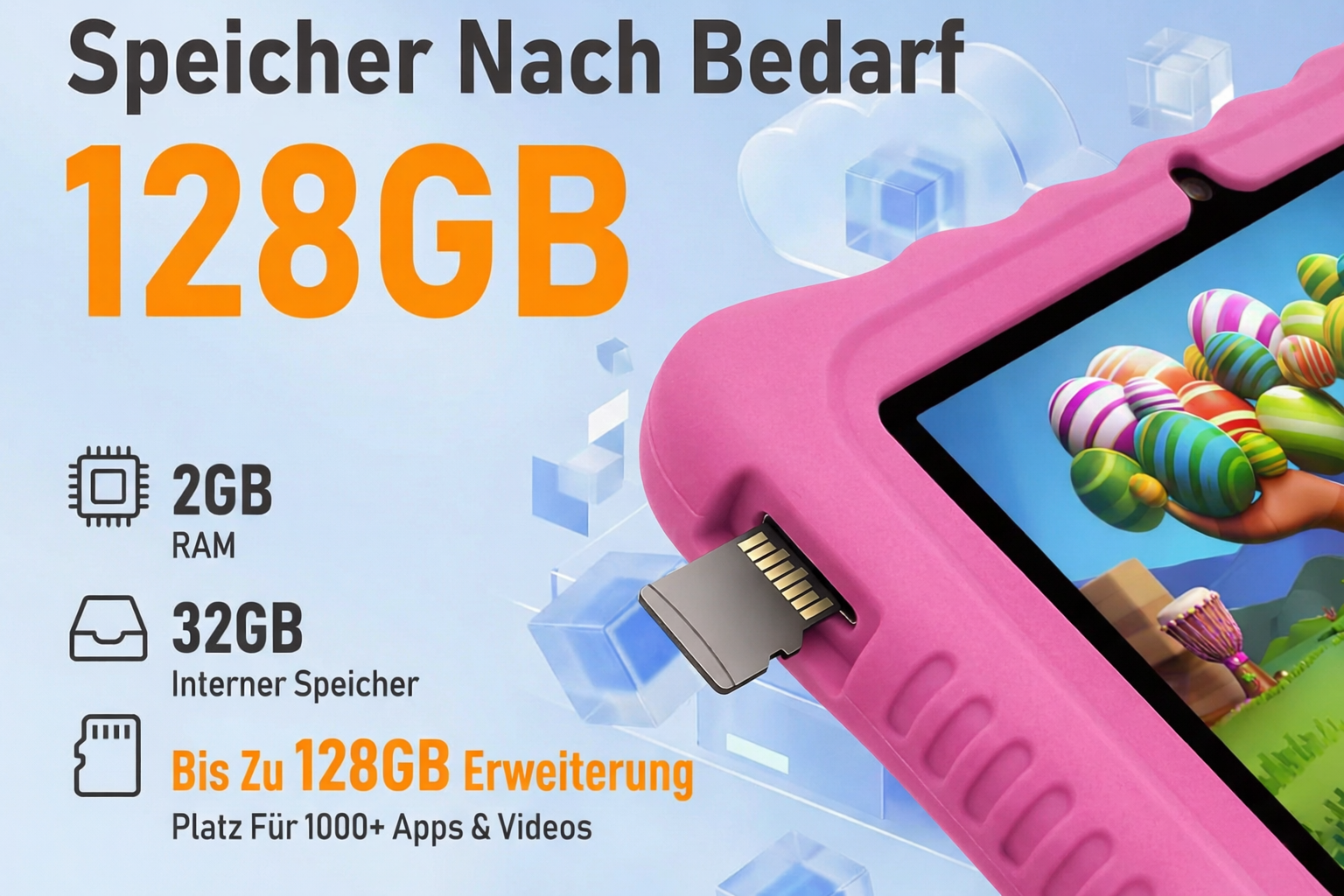 Rosa Tablet mit 2GB RAM, 32GB Speicher, 128GB Erweiterung.