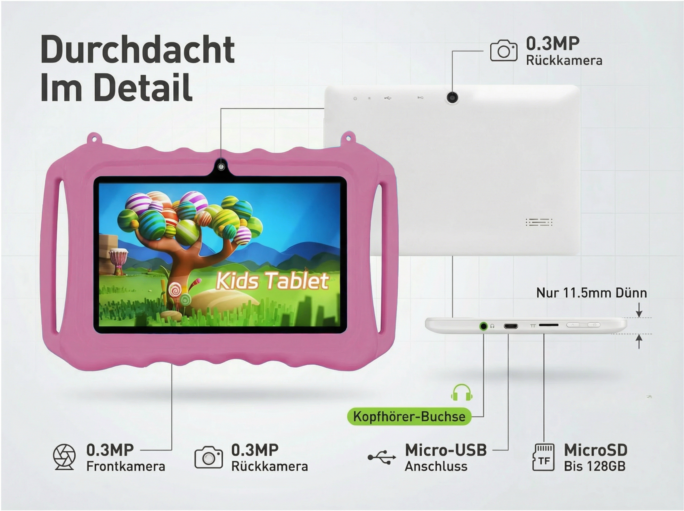 Ein pinkes Kinder-Tablet mit bunten Kugeln auf dem Bildschirm und Details.