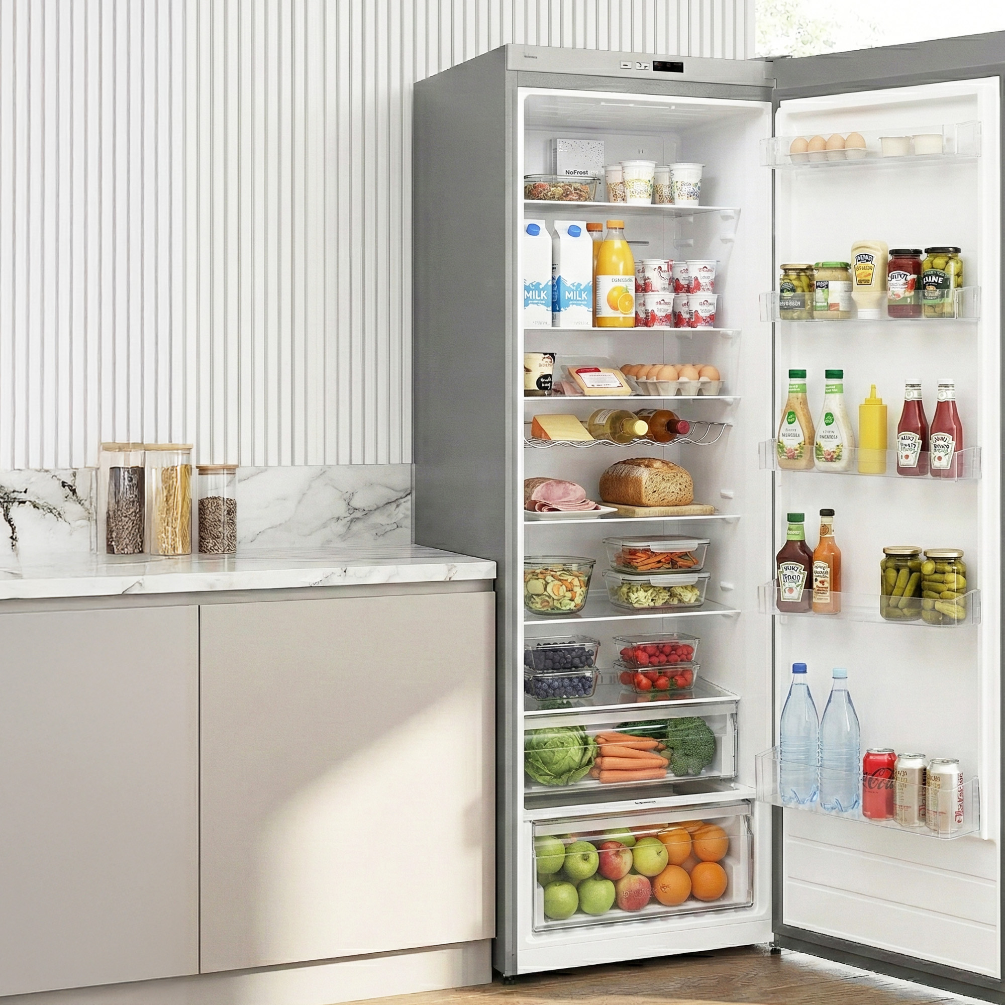 Een open koelkast gevuld met boodschappen zoals melk, sap, eieren, groenten en fruit.