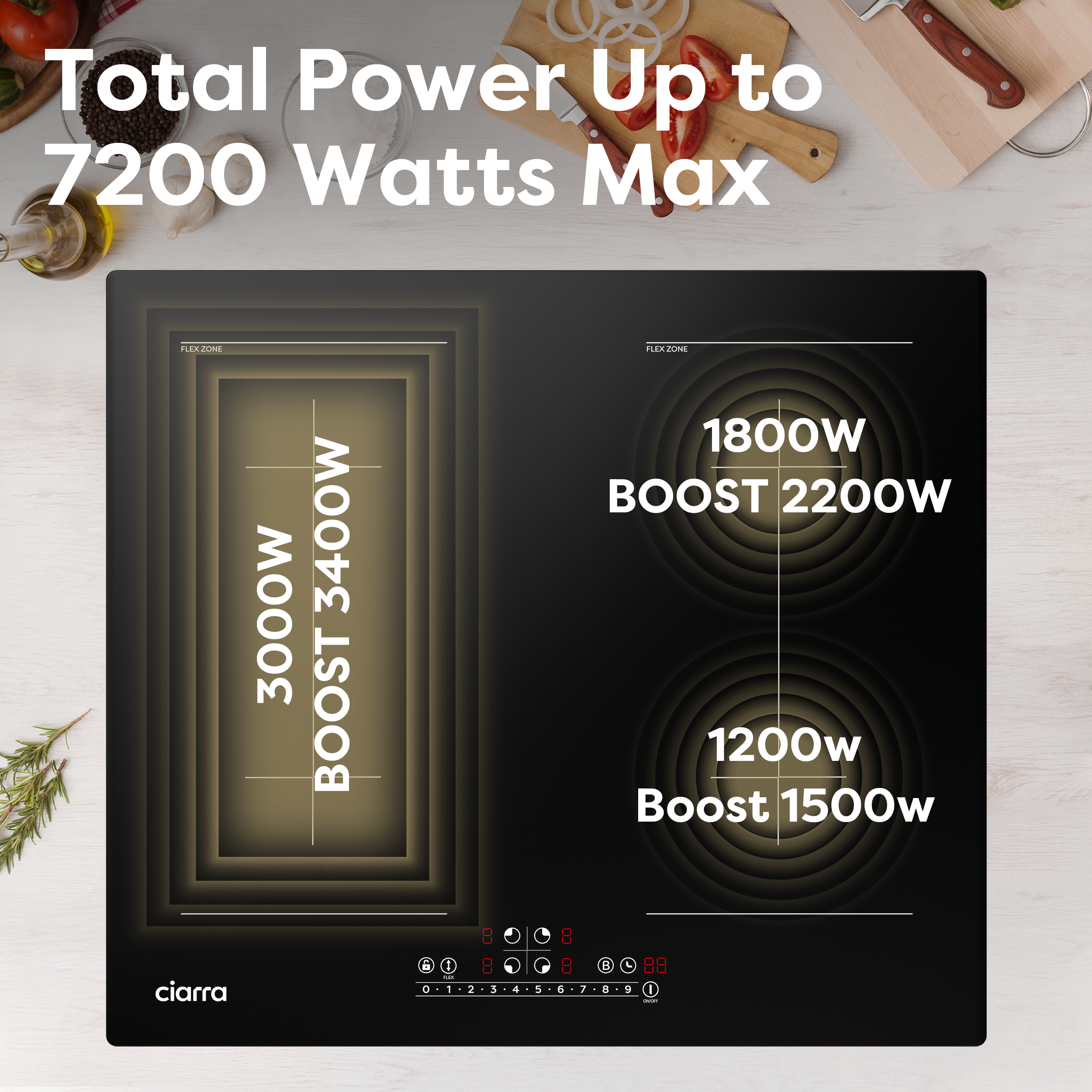 Induktionskochfeld mit Flexzonen, 3000W/3400W und 1800W/2200W.