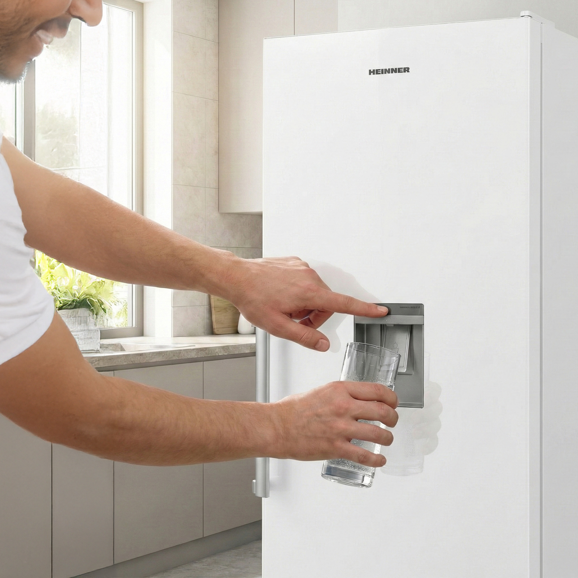 Man vult glas met water uit koelkastdispenser in moderne keuken.