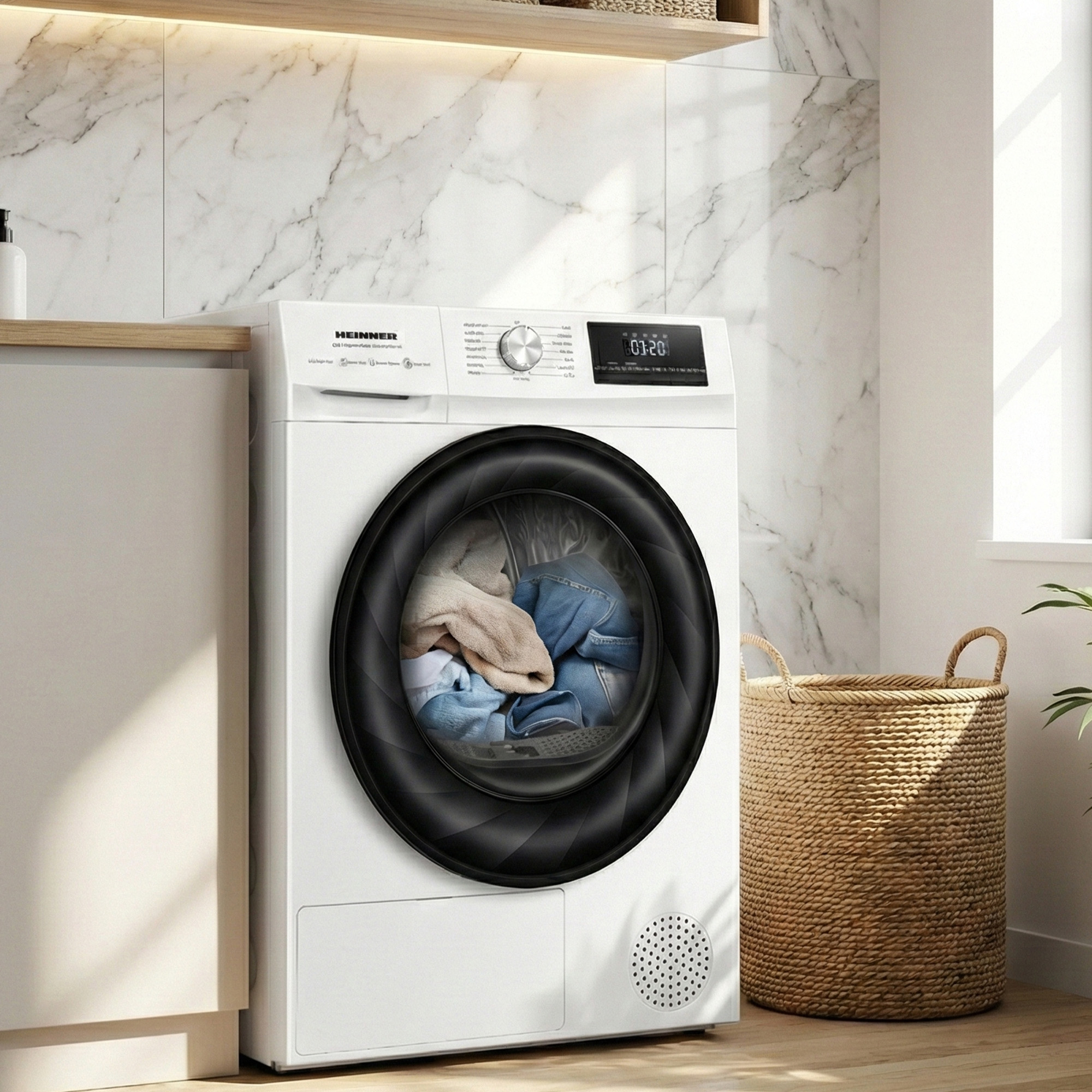A white dryer with laundry inside and a basket next to it.