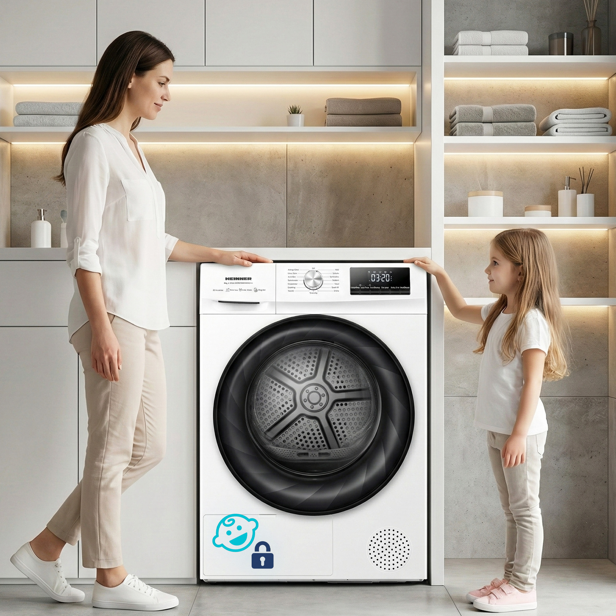 Woman and child stand by a white washing machine in a modern laundry room.