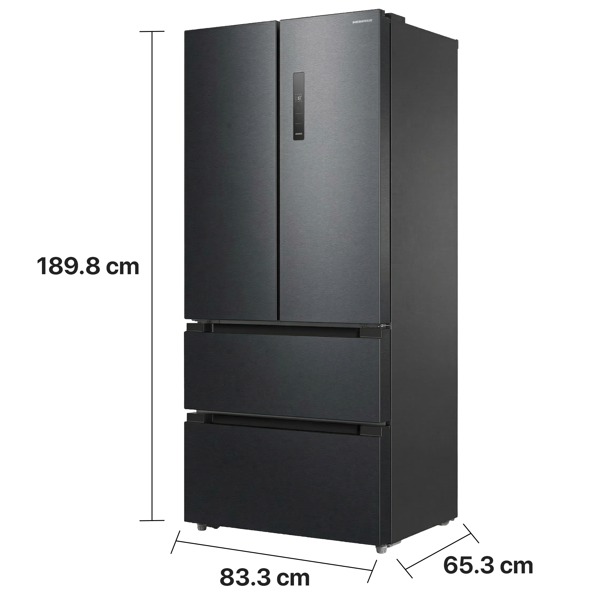 Zwarte koelkast met drie deuren en lades. Afmetingen: 189,8 x 83,3 x 65,3 cm.