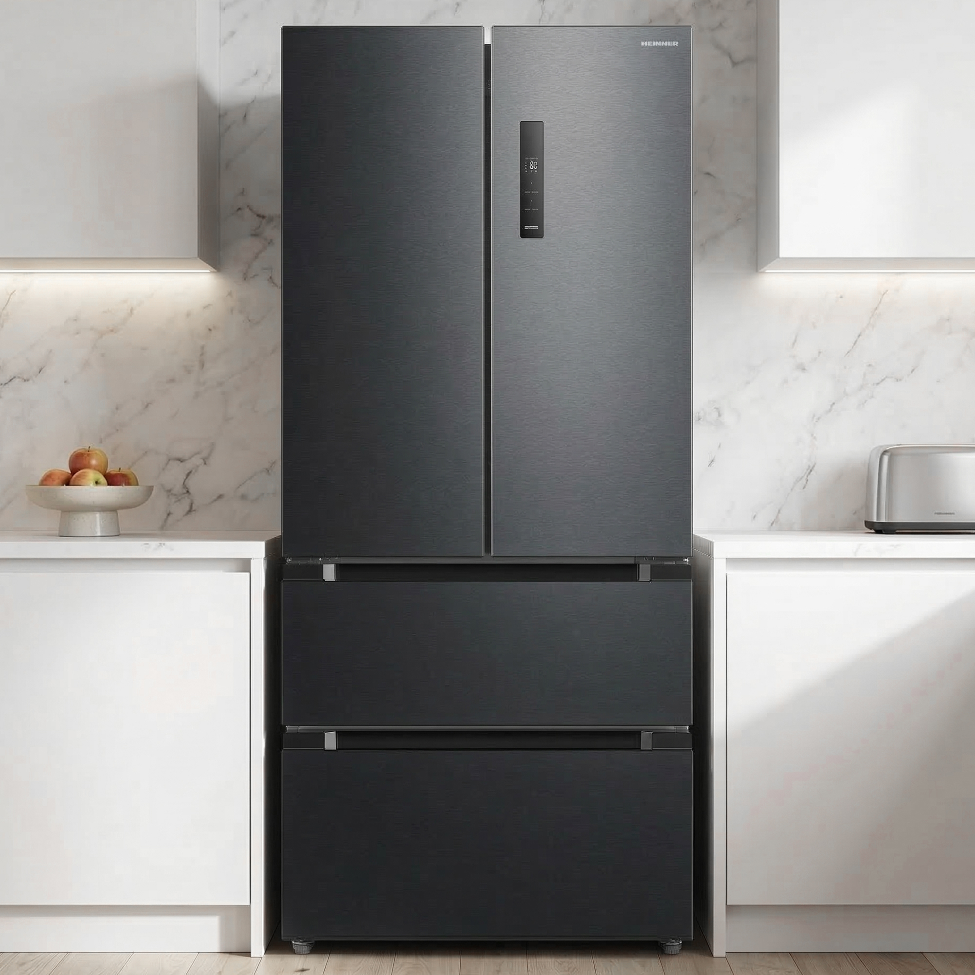 Een donkere, driedeurs koelkast met lades in een moderne keuken.