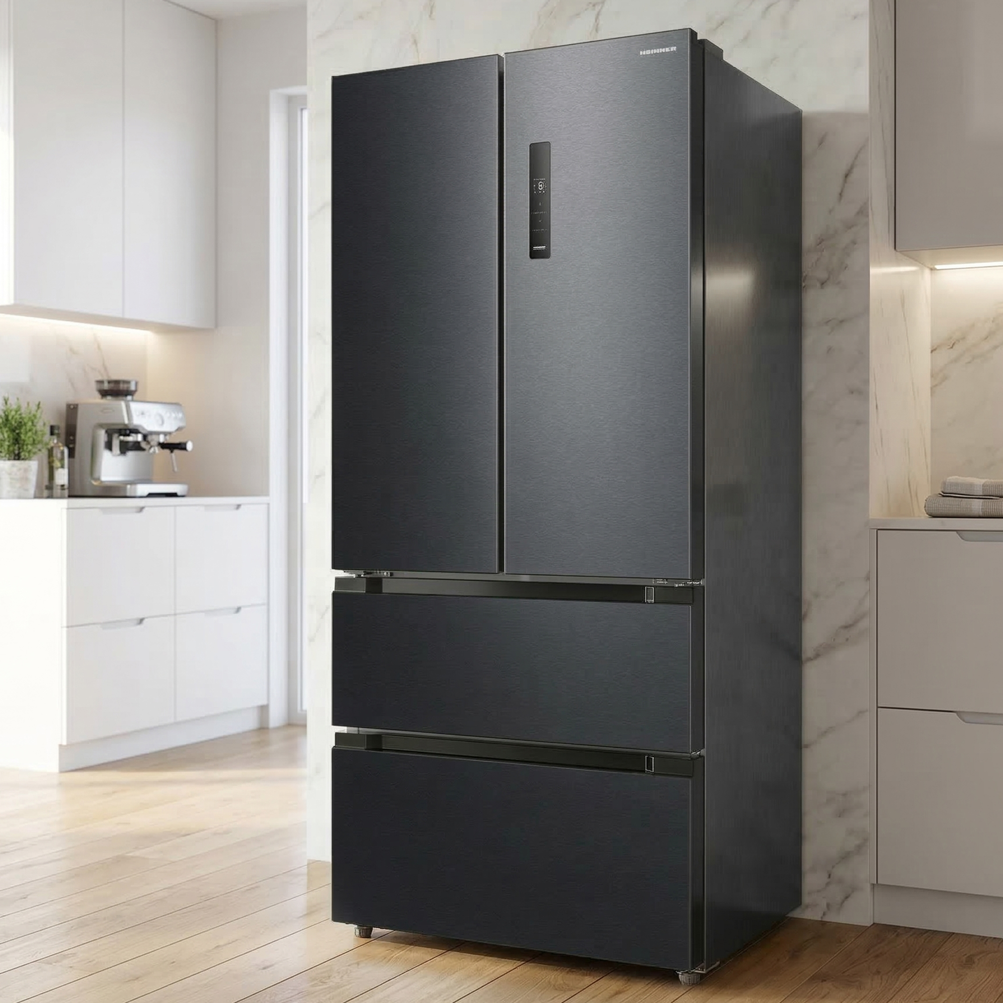 Een donkere koelkast met drie deuren in een moderne keuken met marmeren muur.