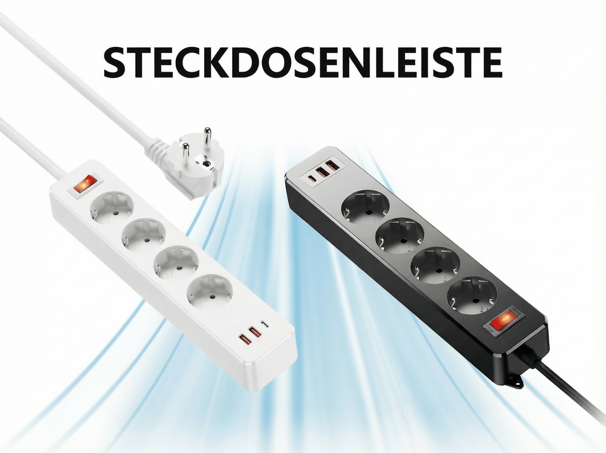 Zwei Steckdosenleisten, eine weiße mit Schalter und USB-Anschlüssen, und eine schwarze.