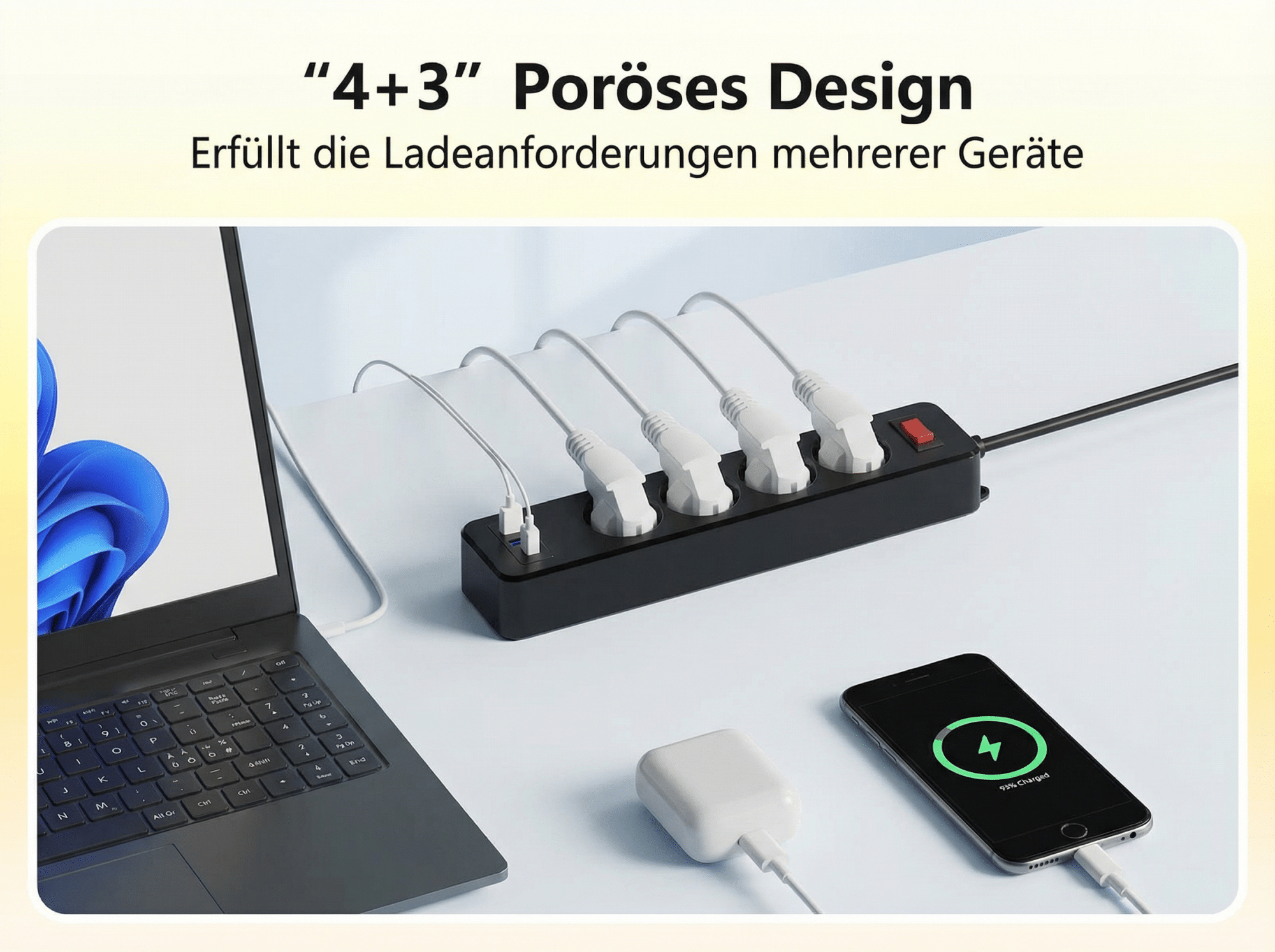 Schwarzer Mehrfachstecker mit Kabeln, Laptop, Smartphone und Ladegerät.
