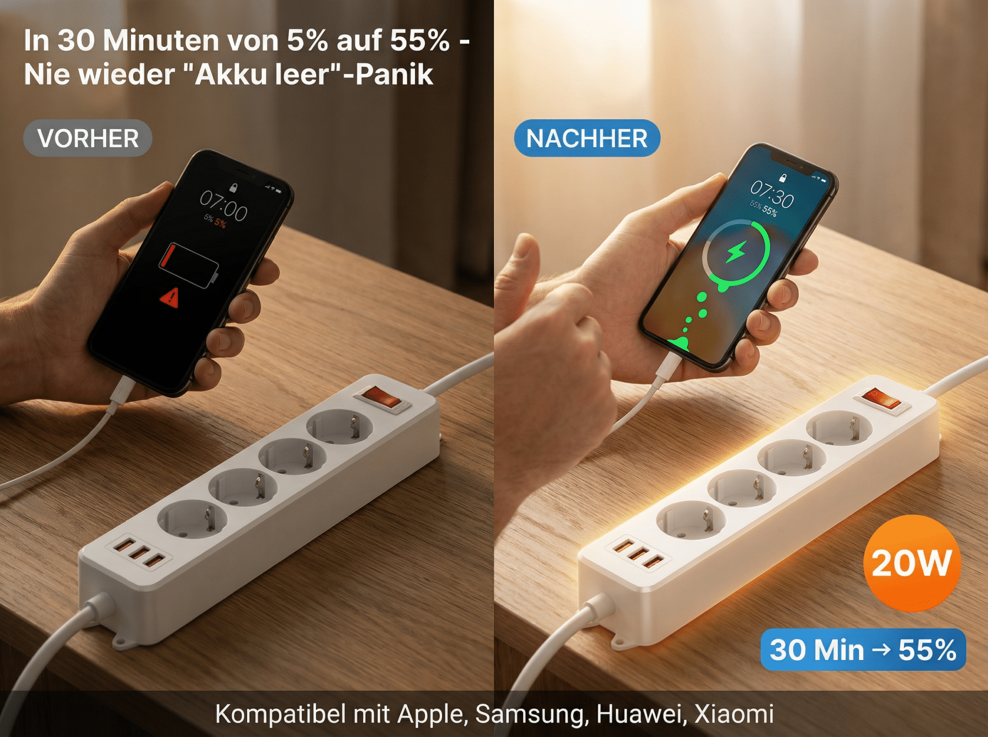 Vorher: Handy mit 5% Akku. Nachher: Handy mit 55% Akku nach 30 Min Ladezeit.