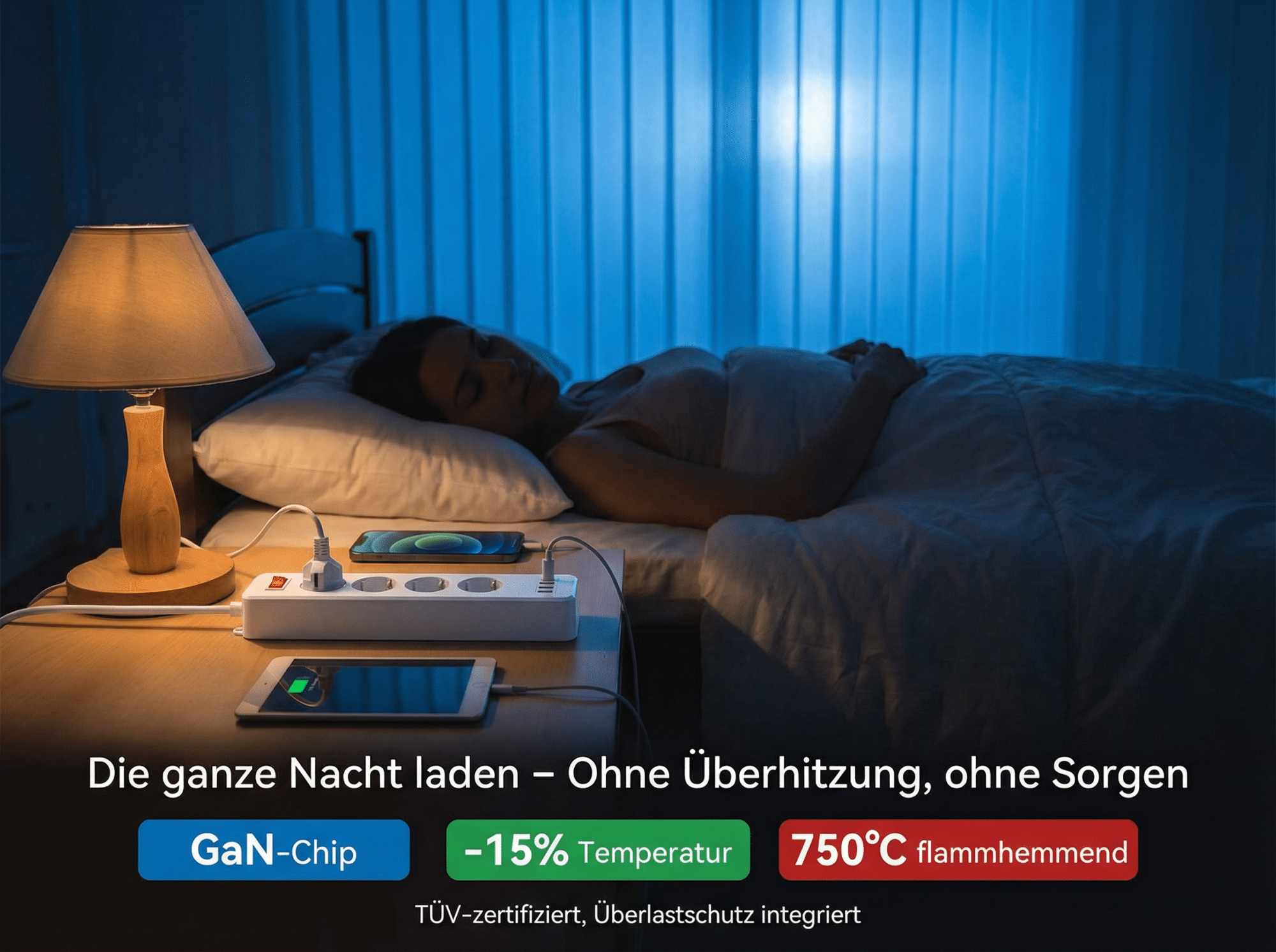 Frau schläft im Bett, während ein Ladegerät mehrere Geräte lädt.