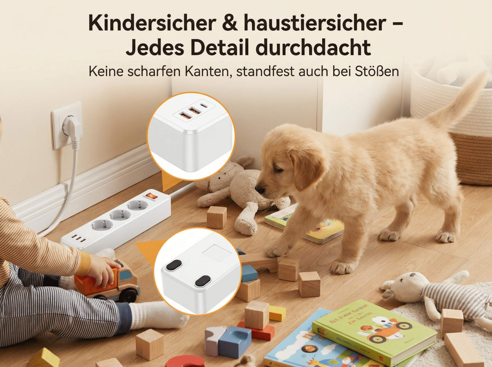 Ein Welpe spielt mit Bauklötzen neben einem Kind und einer Steckdosenleiste.