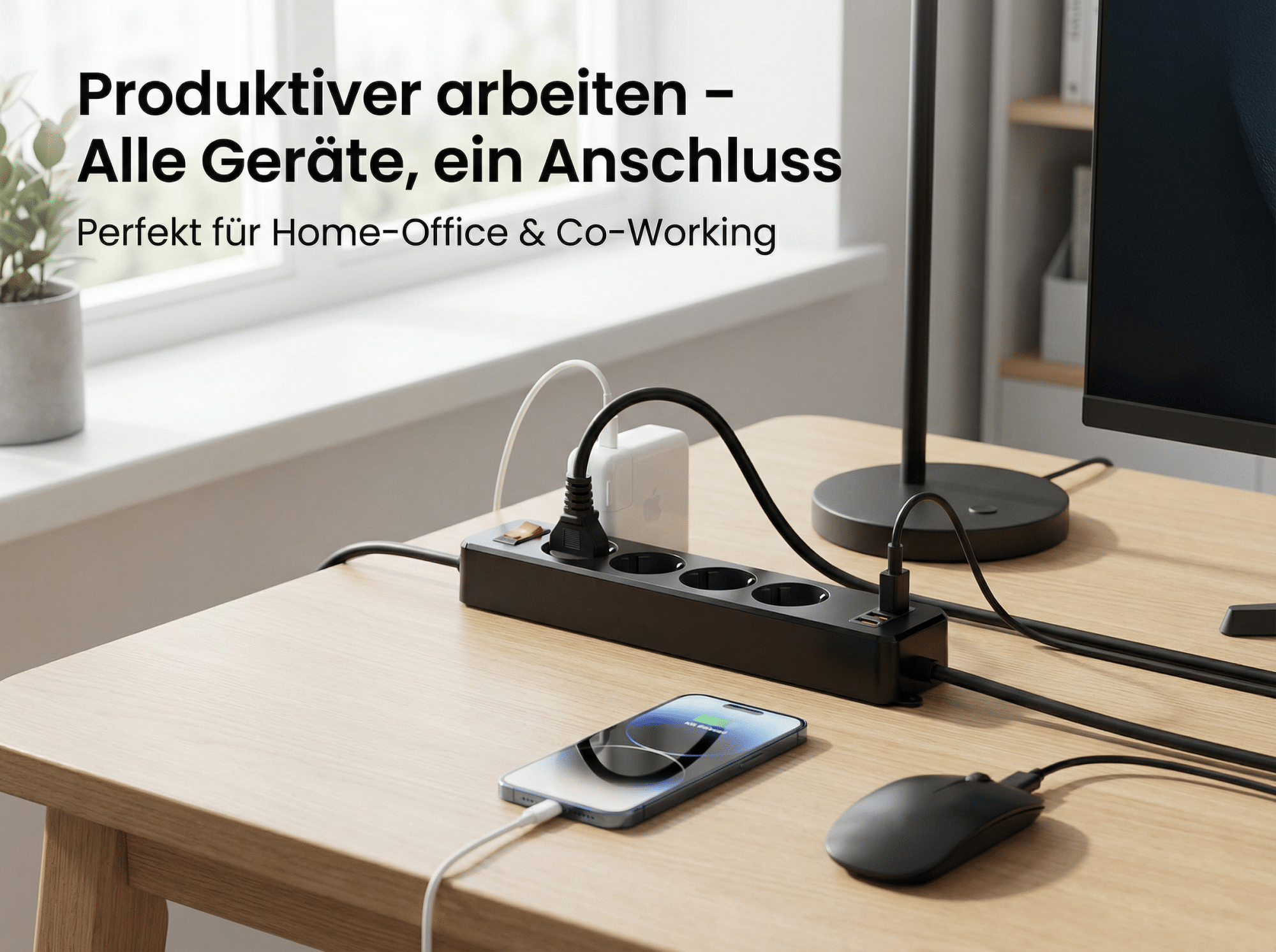 Schwarze Steckdosenleiste mit USB-Ports, lädt Handy und Maus an Holztisch.