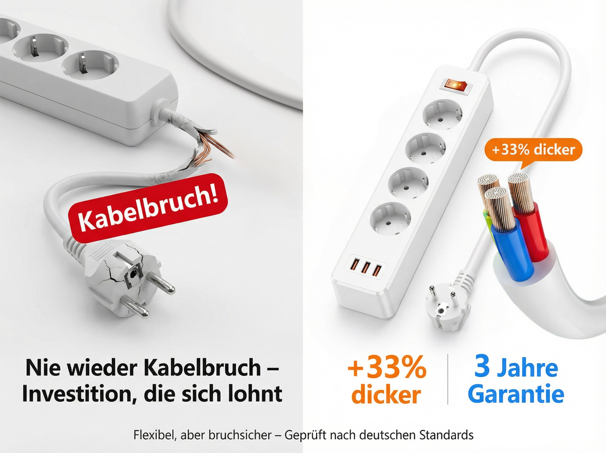 Vergleich von defektem und neuem Verlängerungskabel mit Hinweis auf Dicke und Garantie.