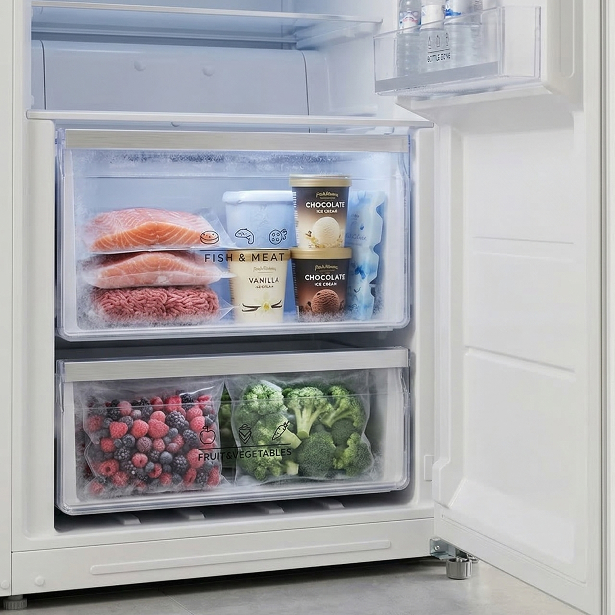 Congélateur avec poisson, viande hachée, glace et légumes.