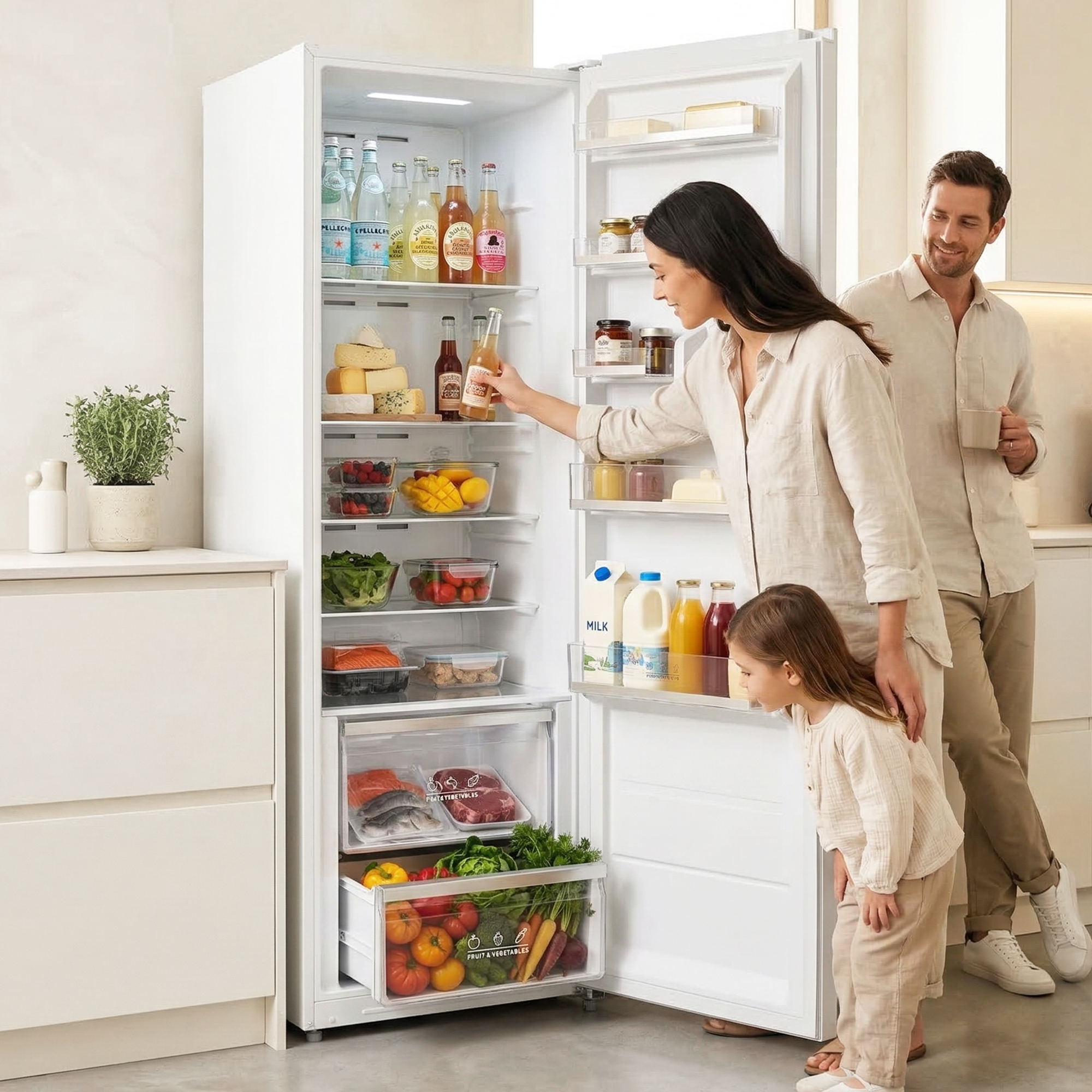 Une famille regarde un réfrigérateur ouvert rempli d'aliments.