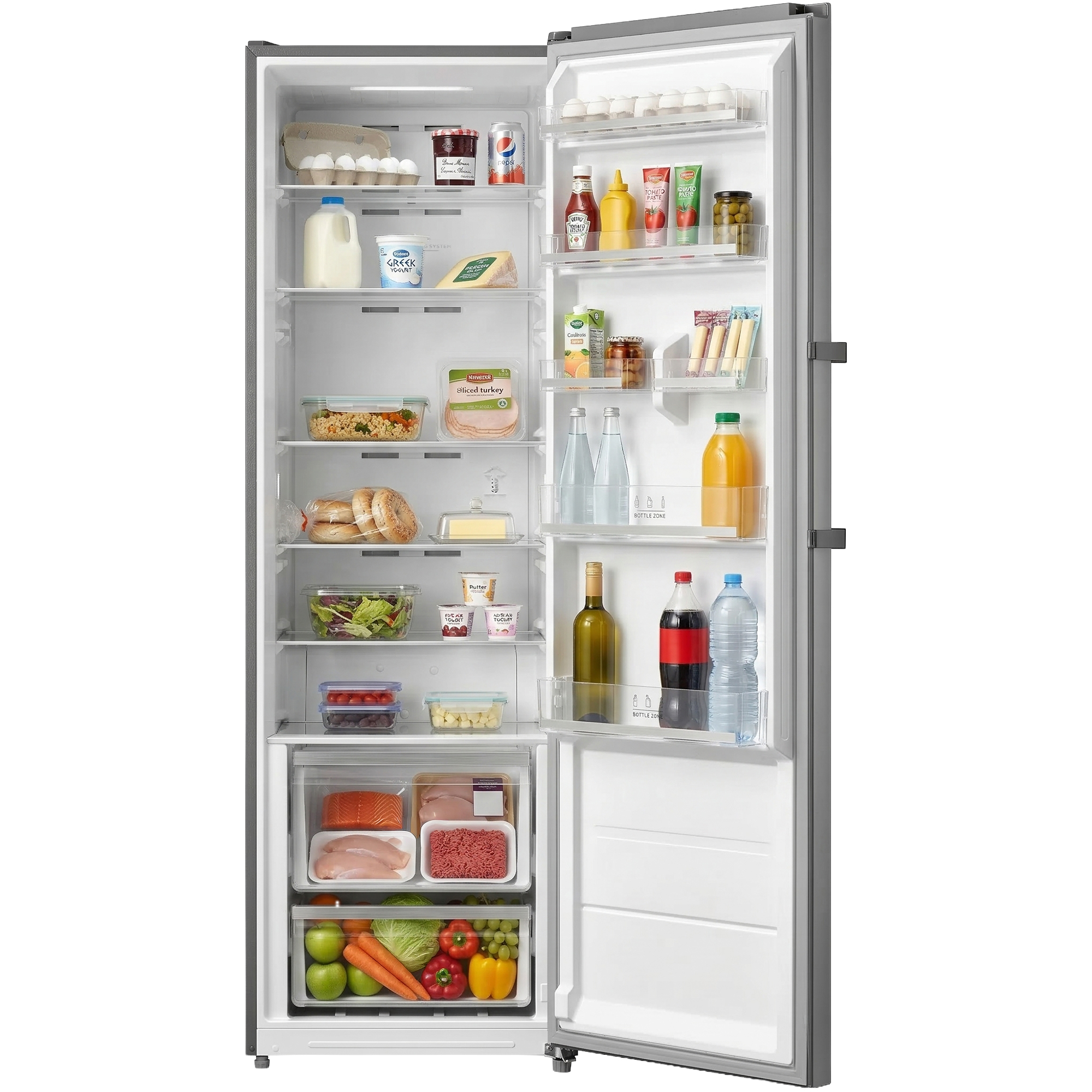 Un réfrigérateur ouvert rempli de nourriture, y compris des œufs, du lait, du yaourt, des légumes et de la viande.