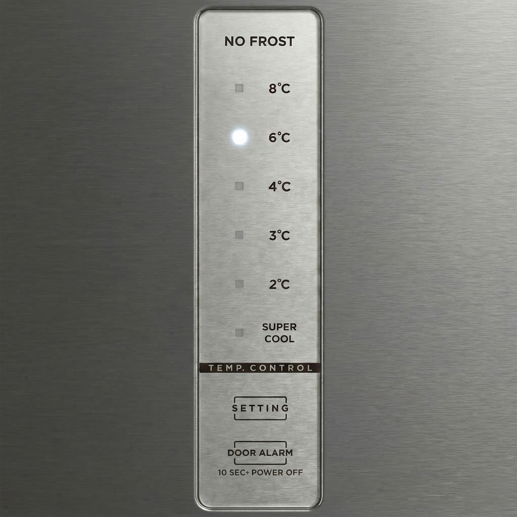 Panneau de commande en métal brossé avec réglages de température et indicateur 'No Frost'.