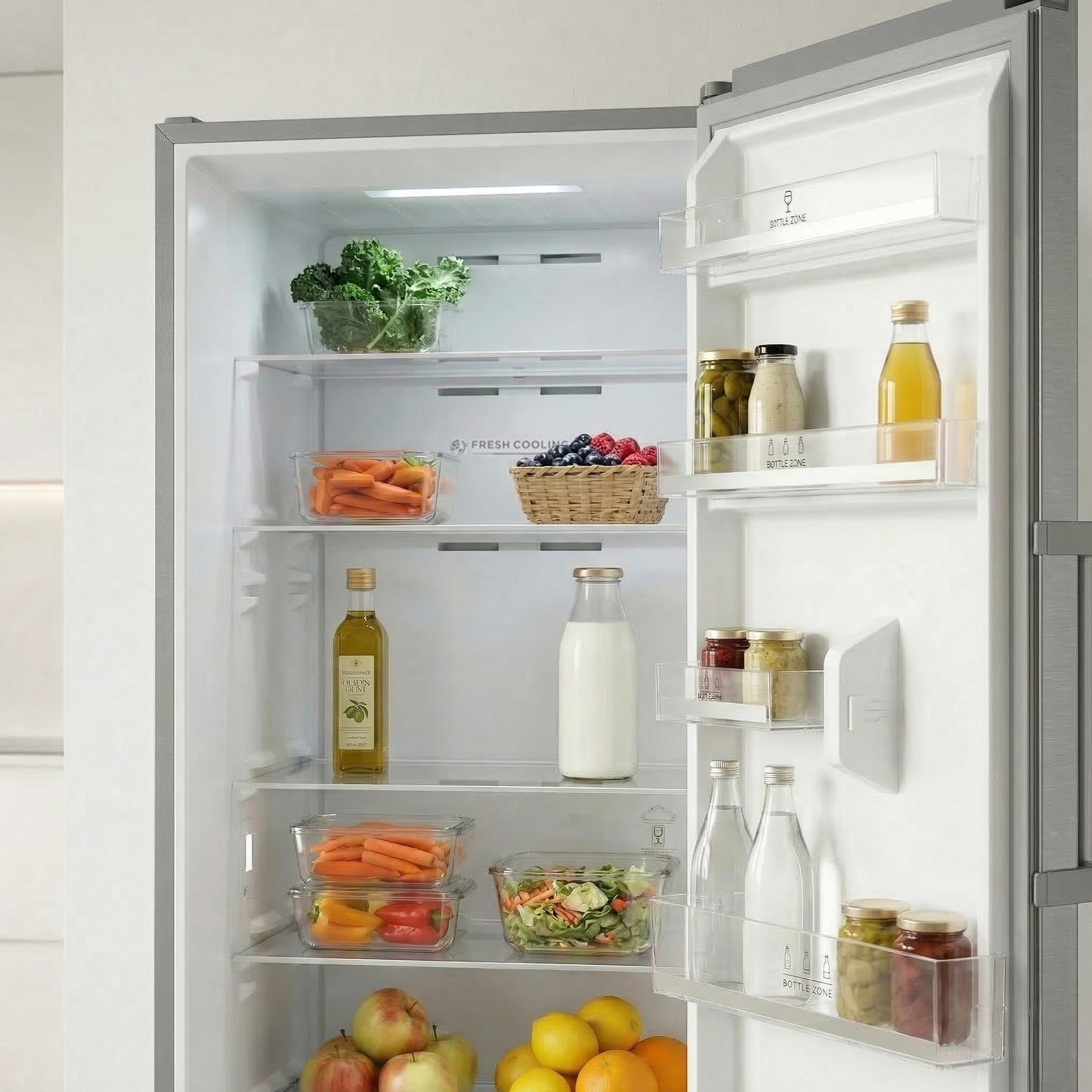 Réfrigérateur ouvert rempli de fruits, légumes, bouteilles et bocaux.