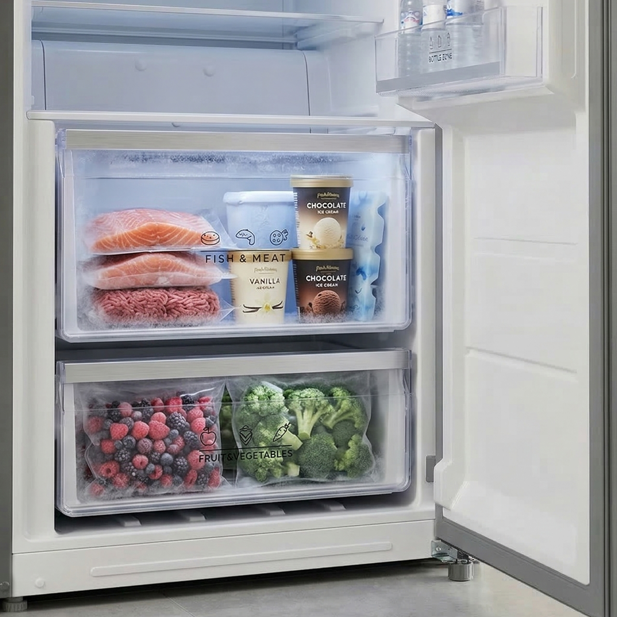 Tiroir de congélateur avec saumon, viande hachée, glace, baies et brocoli.