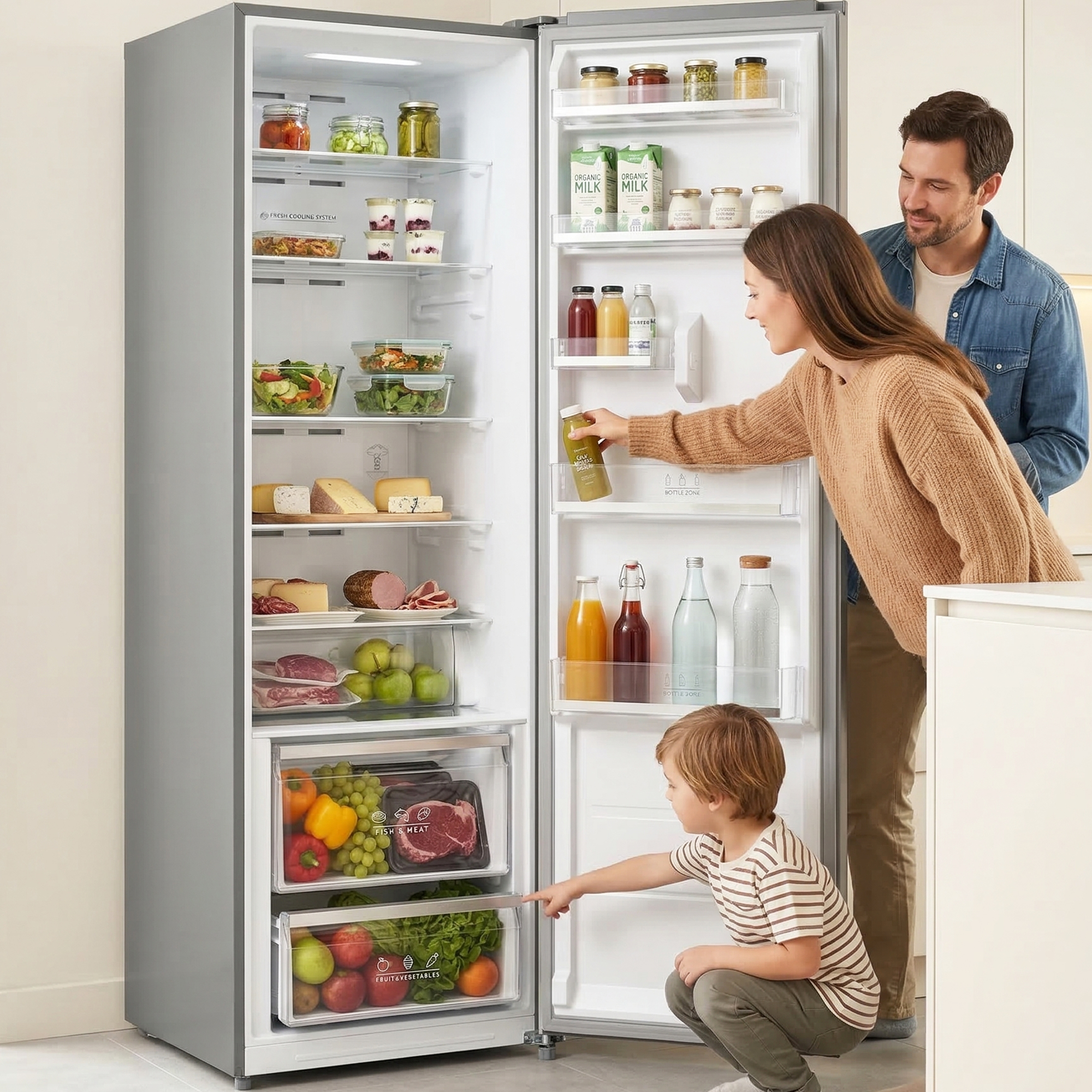 Famille autour d'un réfrigérateur ouvert rempli d'aliments.