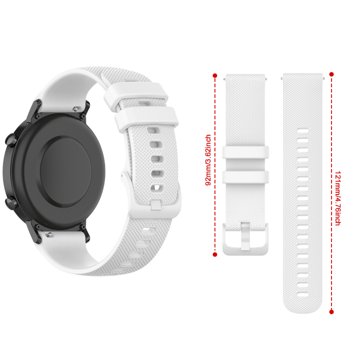 Weißes Uhrenarmband mit schwarzem Zifferblatt links und zwei separaten Bändern mit Maßen.