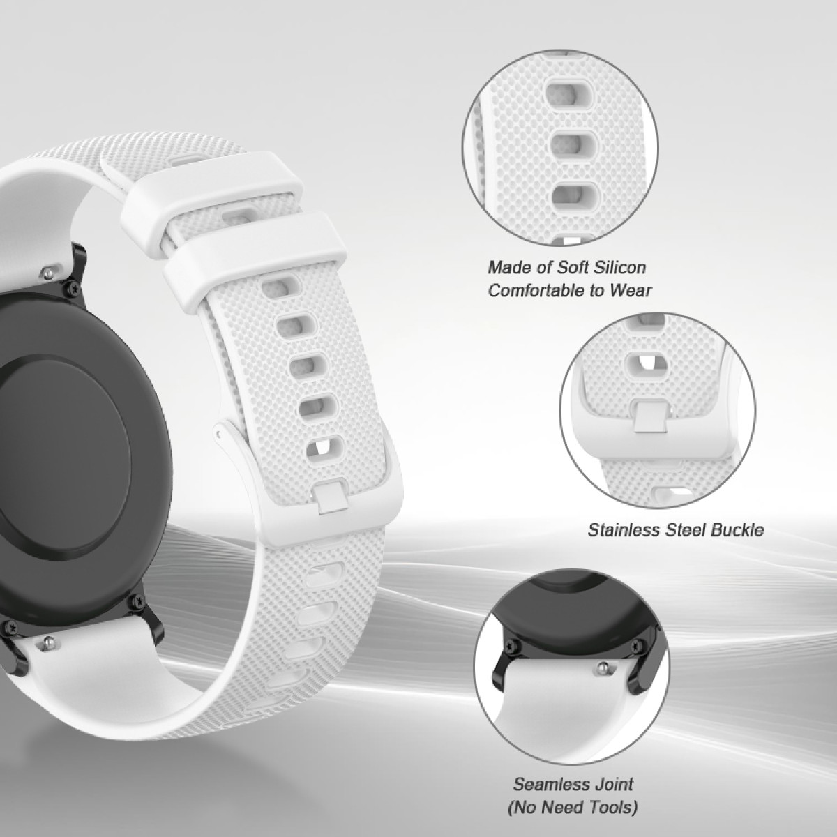 Weies Silikon-Uhrenarmband mit Schnalle und Details.