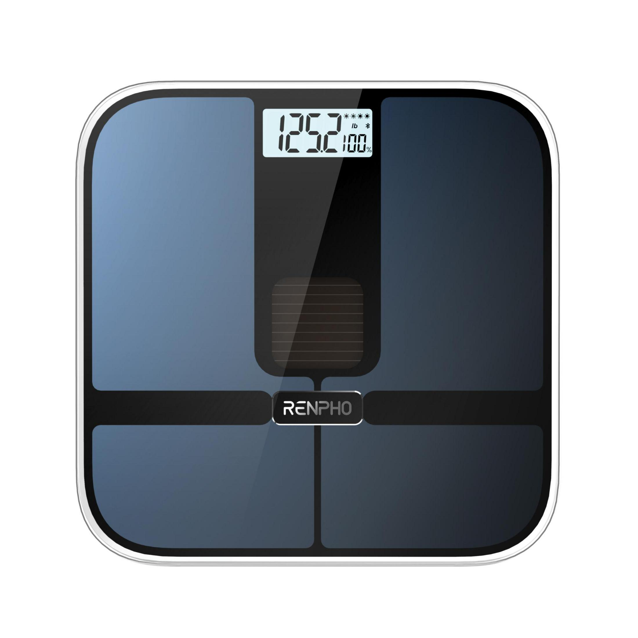 Een zwarte digitale weegschaal met blauw display toont 125,2 lbs.