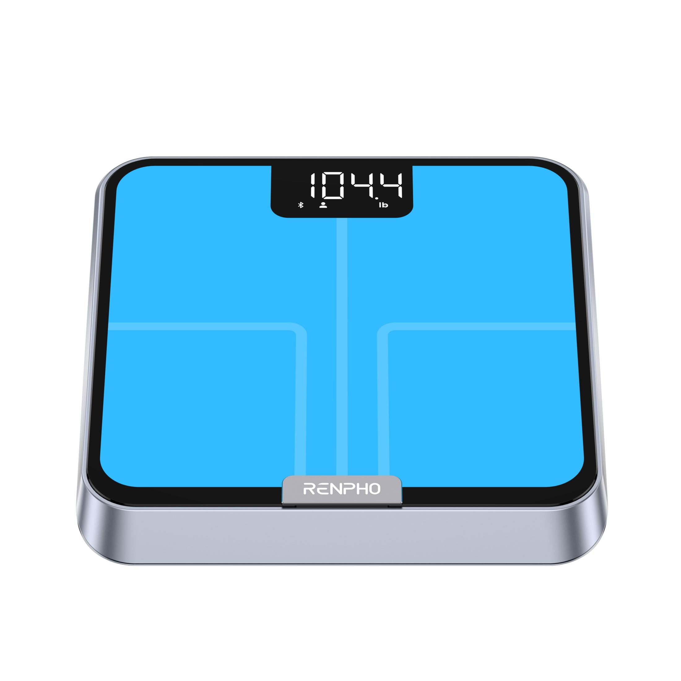 Een blauwe digitale weegschaal met zilveren rand, die 104,4 pond aangeeft.