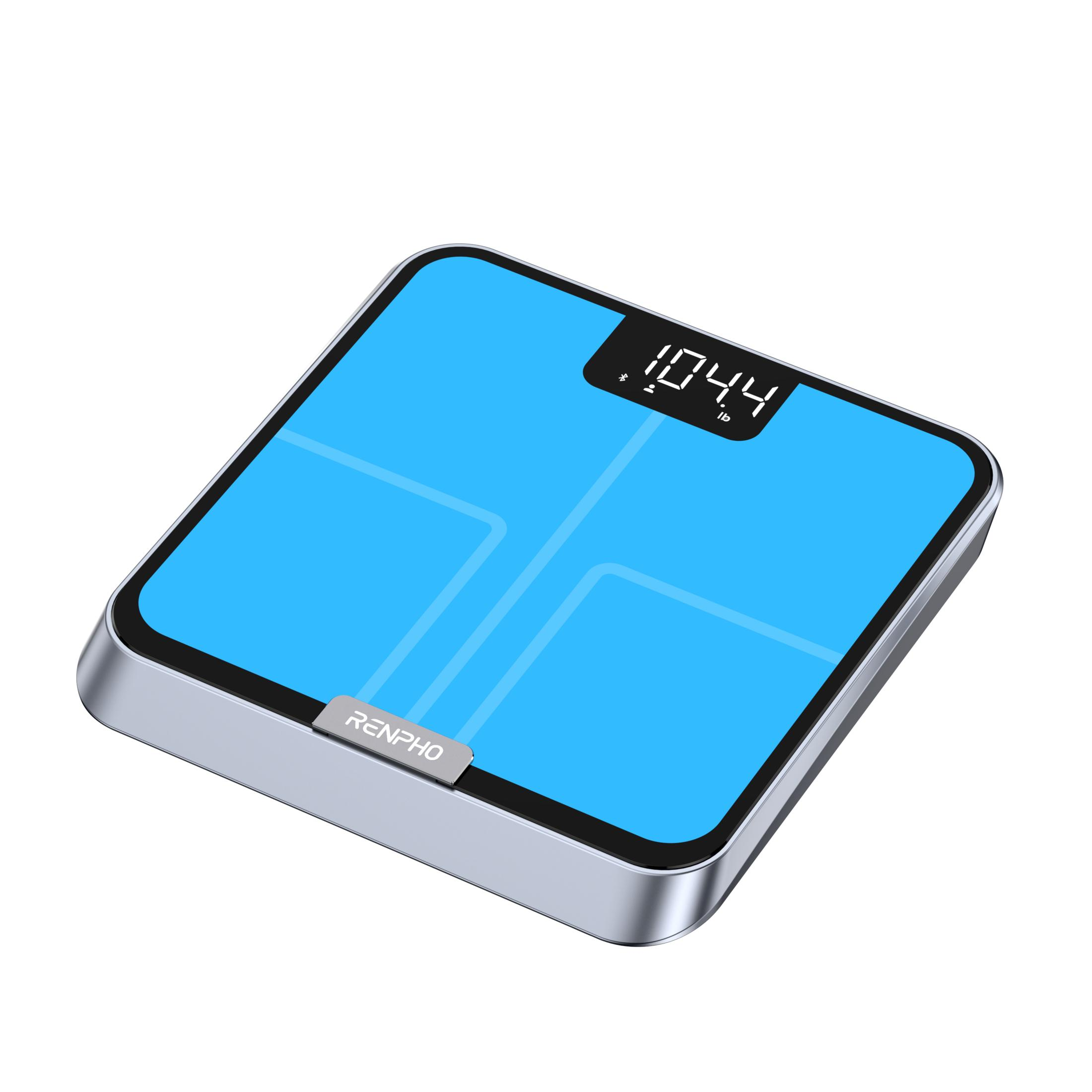 Digitale weegschaal met blauw oppervlak toont 104,4 lb.