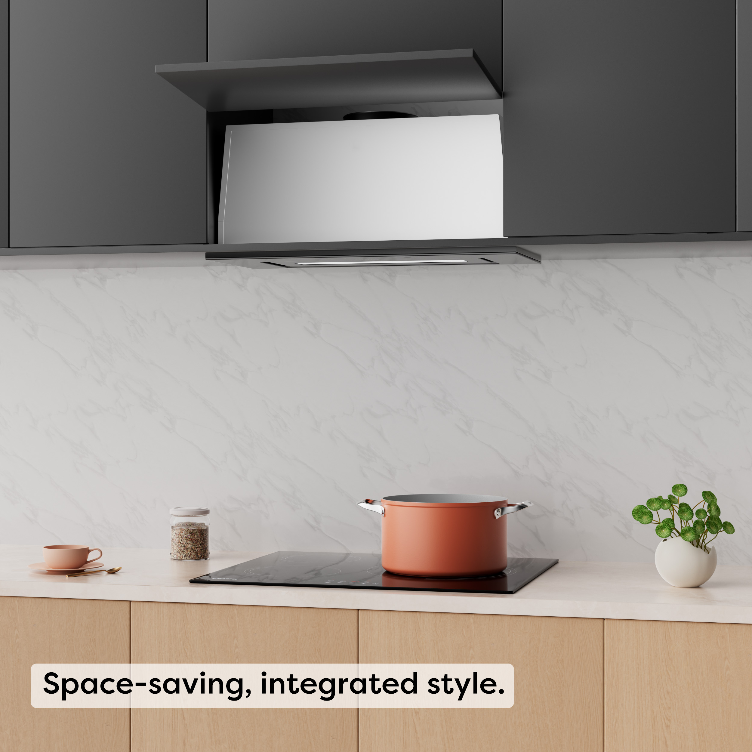 Cuisine moderne avec plaque de cuisson intégrée, pot, tasse et plante.