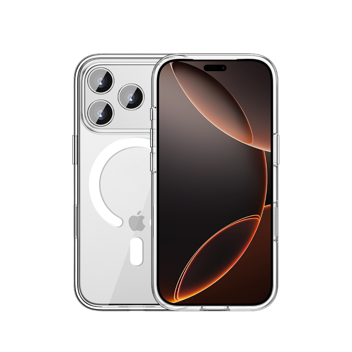 Arkada üç kamera ve Apple logosu bulunan şeffaf akıllı telefon kılıfı.