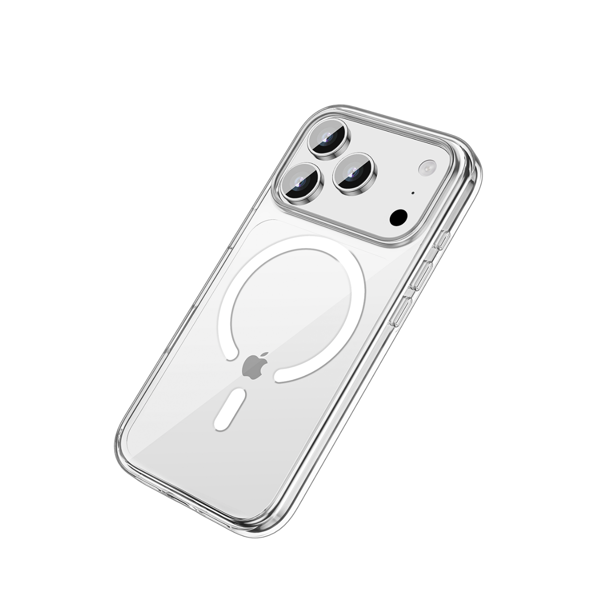 Kamera sistemi ve Apple logosuna sahip şeffaf iPhone kılıfı.