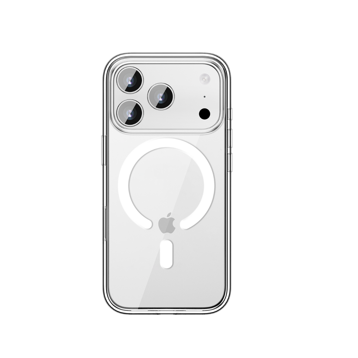 Üçlü kamera, flaş ve Apple logosuna sahip şeffaf telefon kılıfı.