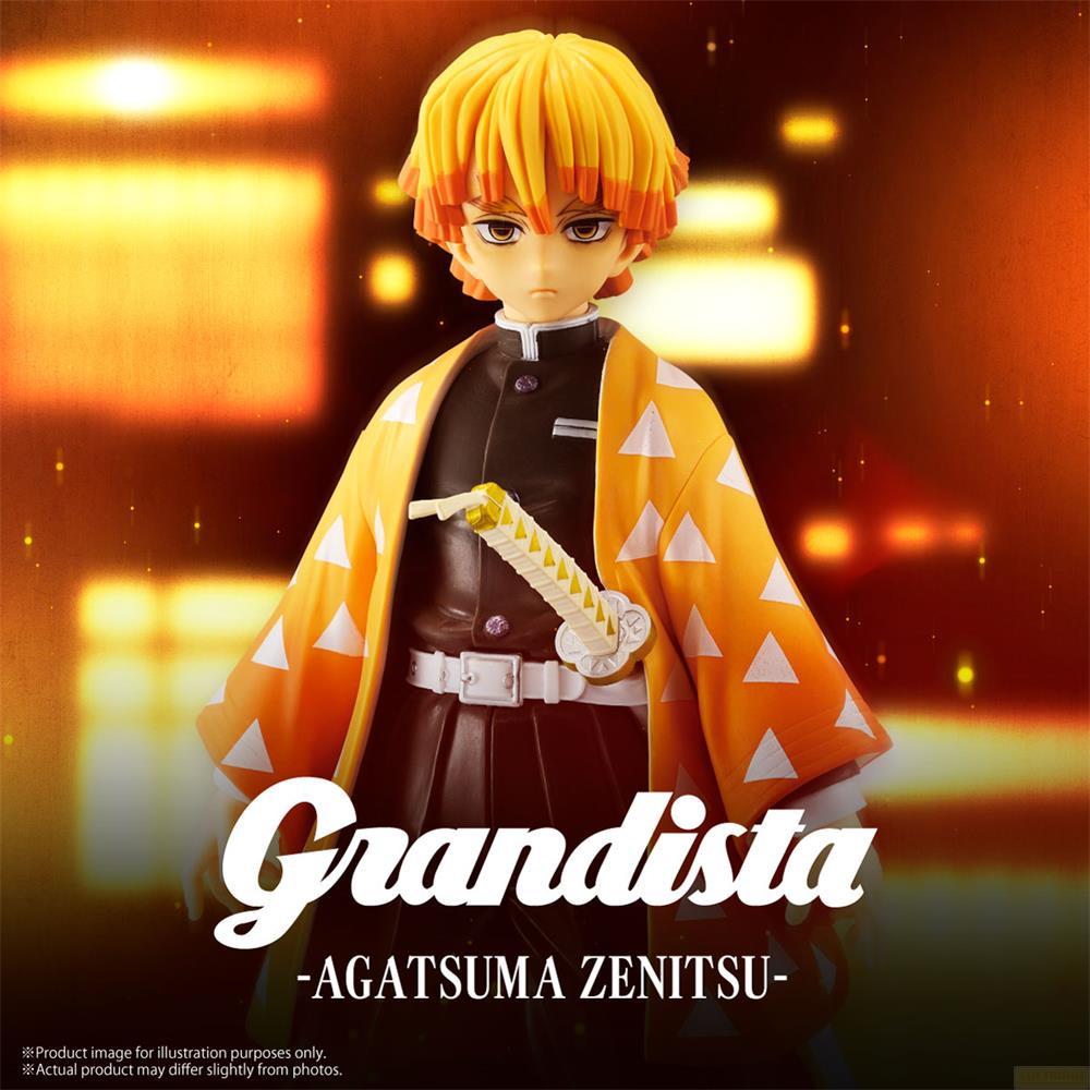 Figura de Zenitsu Agatsuma con pelo amarillo y kimono amarillo con patrones triangulares.