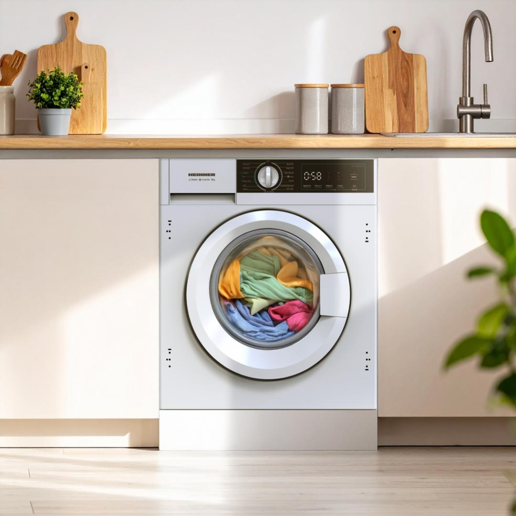 Eine weiße Waschmaschine mit farbiger Wäsche in der Trommel.