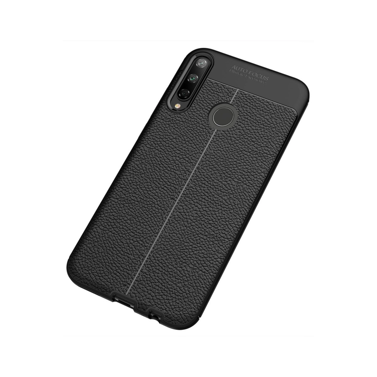 Dikişli ve kamera kesimli siyah, deri dokulu telefon kılıfı.
