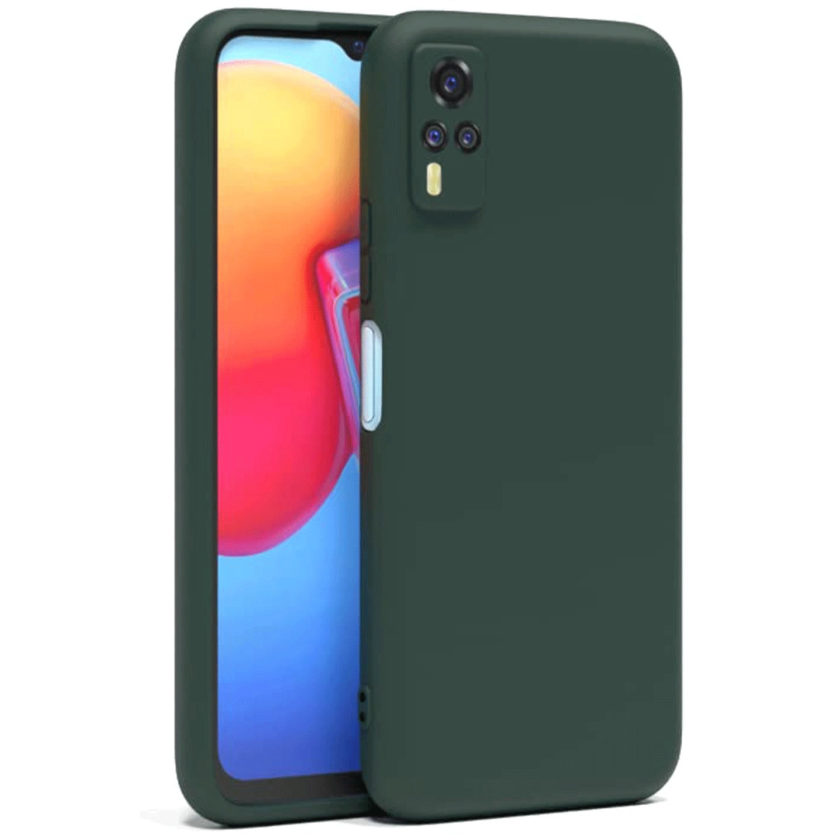 Kamera oyuntulu ve yan düğmeli koyu yeşil telefon kılıfı.