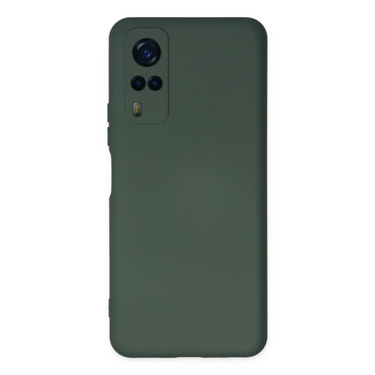 Üç lensli kamera modülüne sahip koyu yeşil telefon kılıfı.