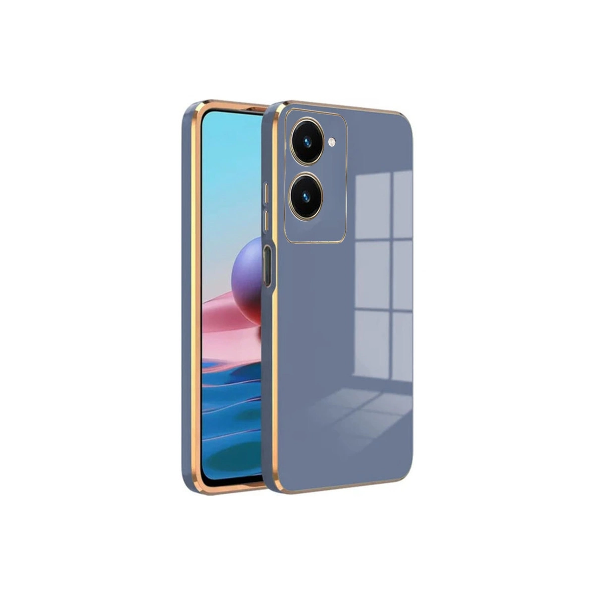 Altın çerçeveli, arkasında iki kamera bulunan gri telefon kılıfı.
