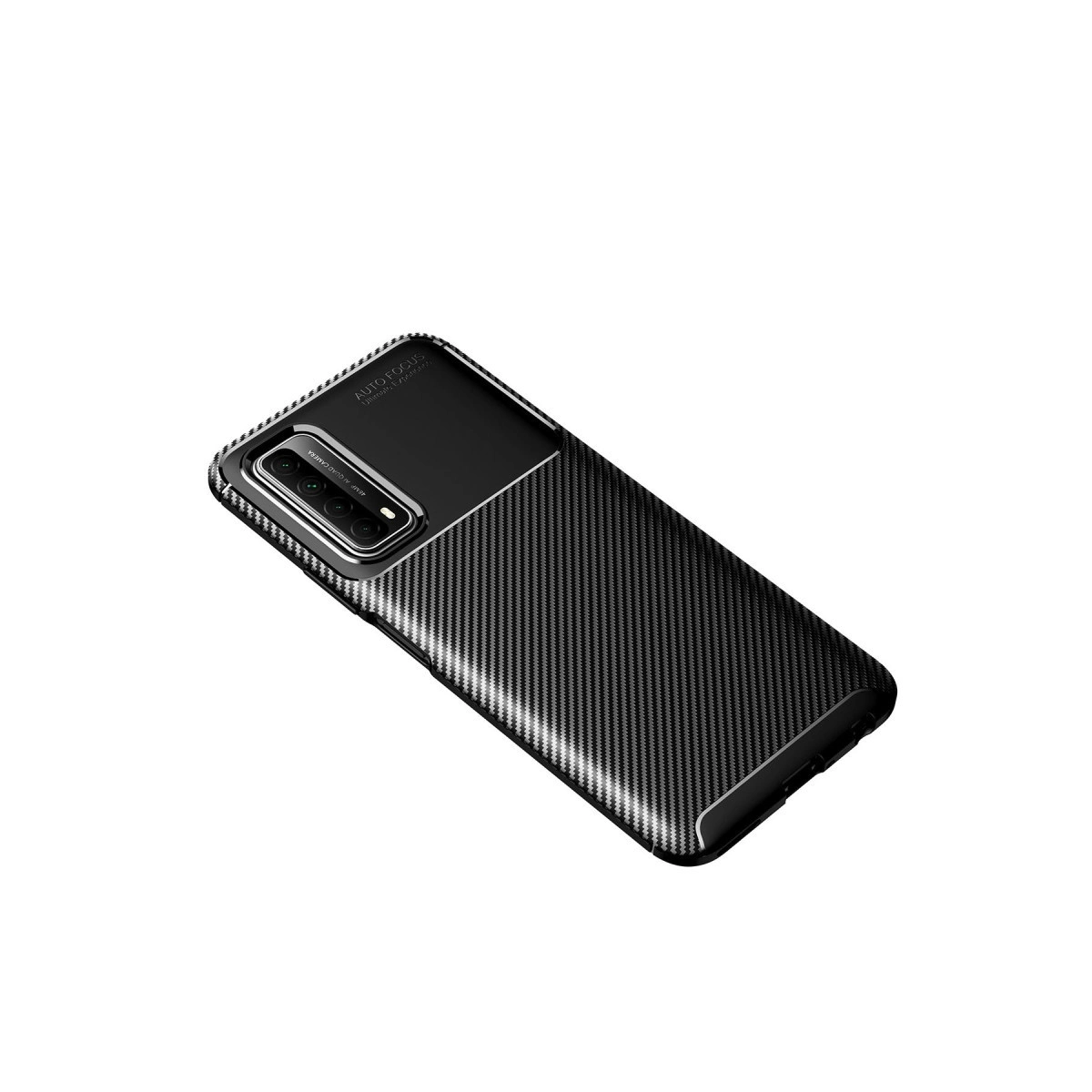 Karbon fiber desenli kılıflı siyah akıllı telefon ve dört arka kamera.