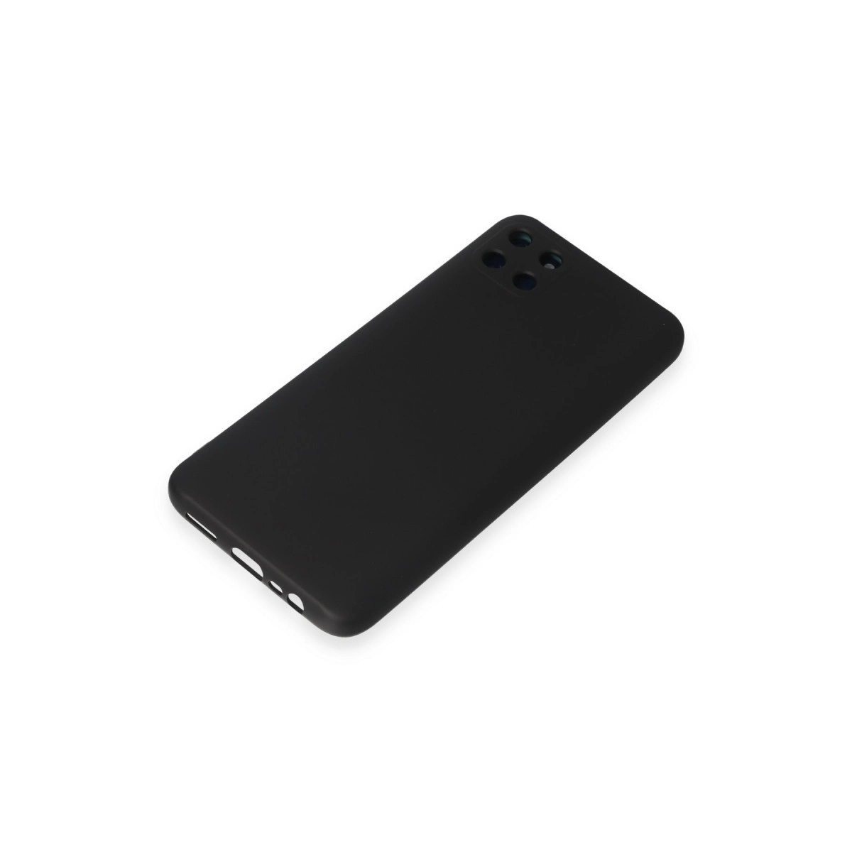 Kamera ve yan açıklıklara sahip siyah telefon kılıfı.