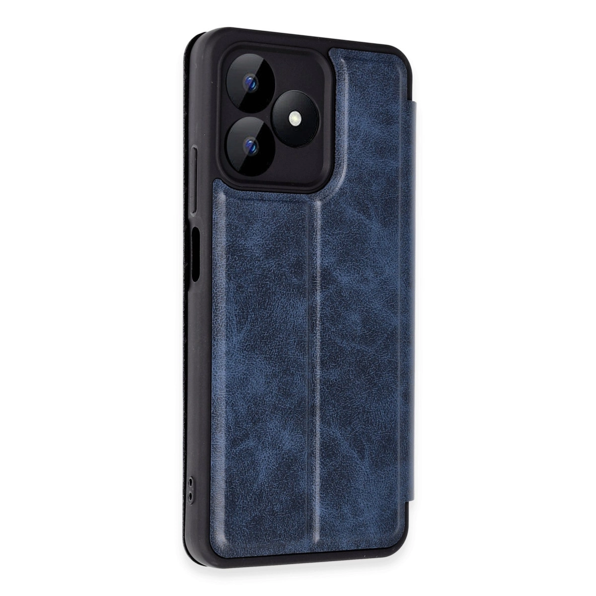 Üstte üç kamera lensli lacivert telefon kılıfı.