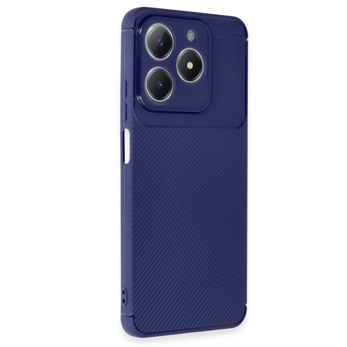 Doku kaplı arka ve kamera kesiği olan lacivert telefon kılıfı.