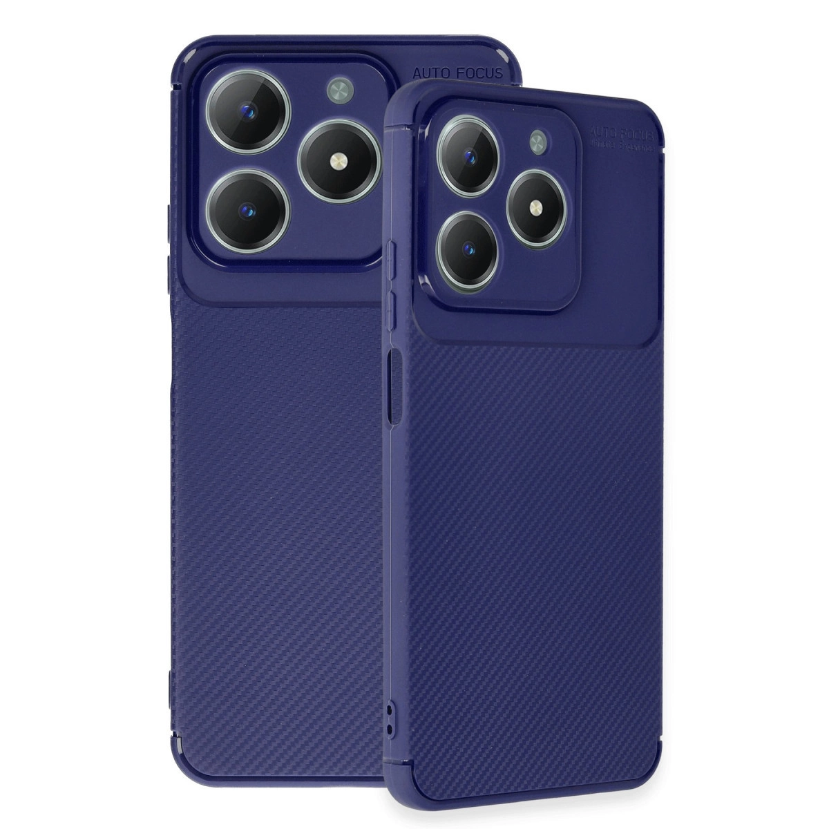 Karbon dokulu ve kamera yuvalı iki lacivert telefon kılıfı.