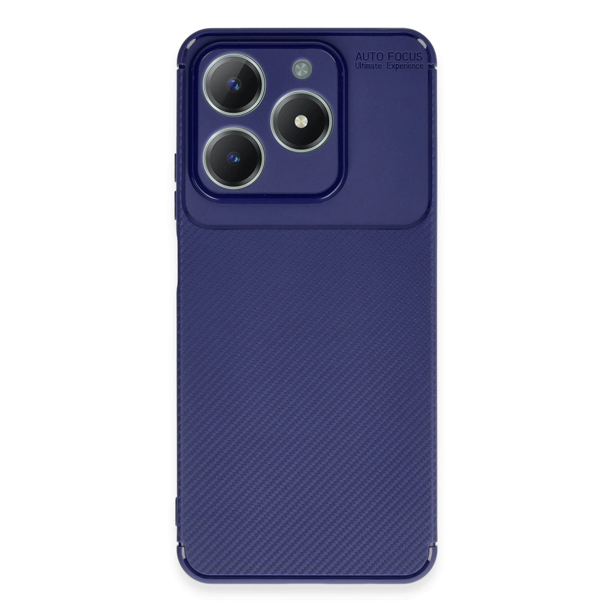 Karbon desenli, üç kameralı, lacivert telefon kılıfı.