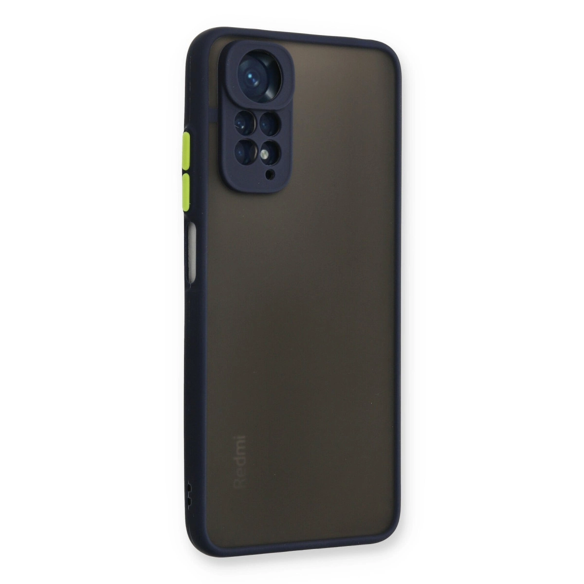 Koyu gri telefon kılıfı, koyu kamera modülü ve sarı düğmeleriyle.